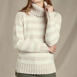 Toad&Co Audrey Turtleneck Sweater Women's Size‎ S Egret Tan Stripe Recycled Wool